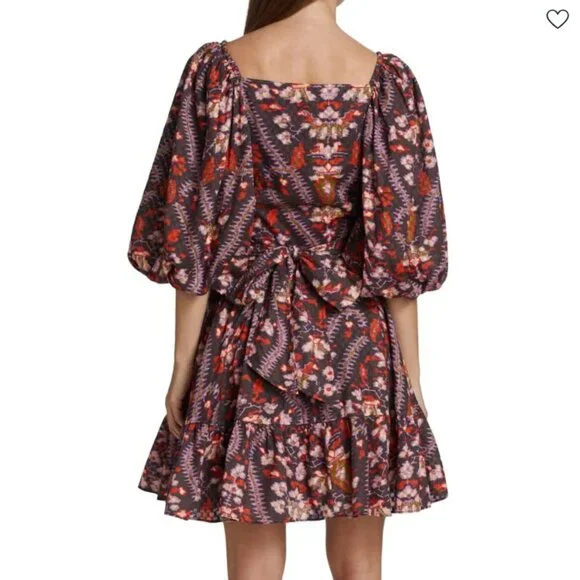 RHODE Darya Puff Sleeve Tiered Mini Dress in Plumeria Chocolate NWT - Picture 2 of 9